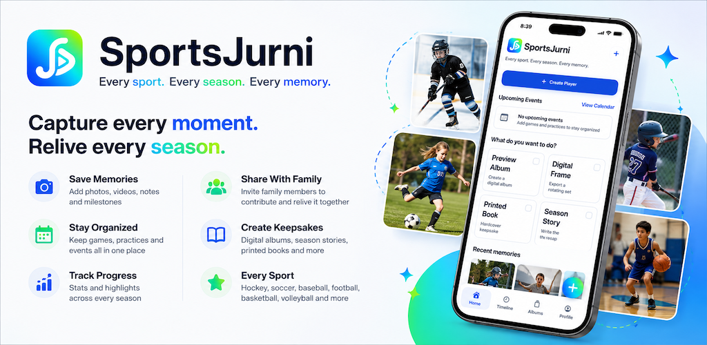 SportsJurni shown on mobile devices with athlete memories, timelines, seasons, albums, stats, and keepsakes